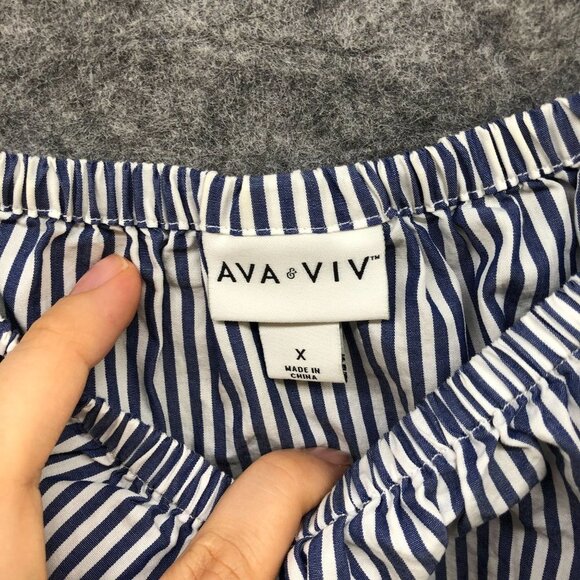 Ava & Viv Short Sleeve Blouse Womens 1X Blue White Stripe Off Shoulder Cotton - Picture 5 of 9